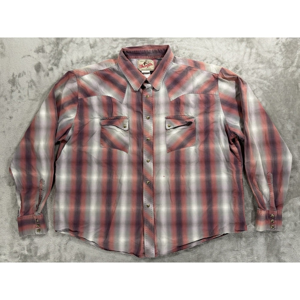 Wrangler Wrancher Shirt Mens 2X Red Plaid Pearl Snap Chest Pockets Western Stain